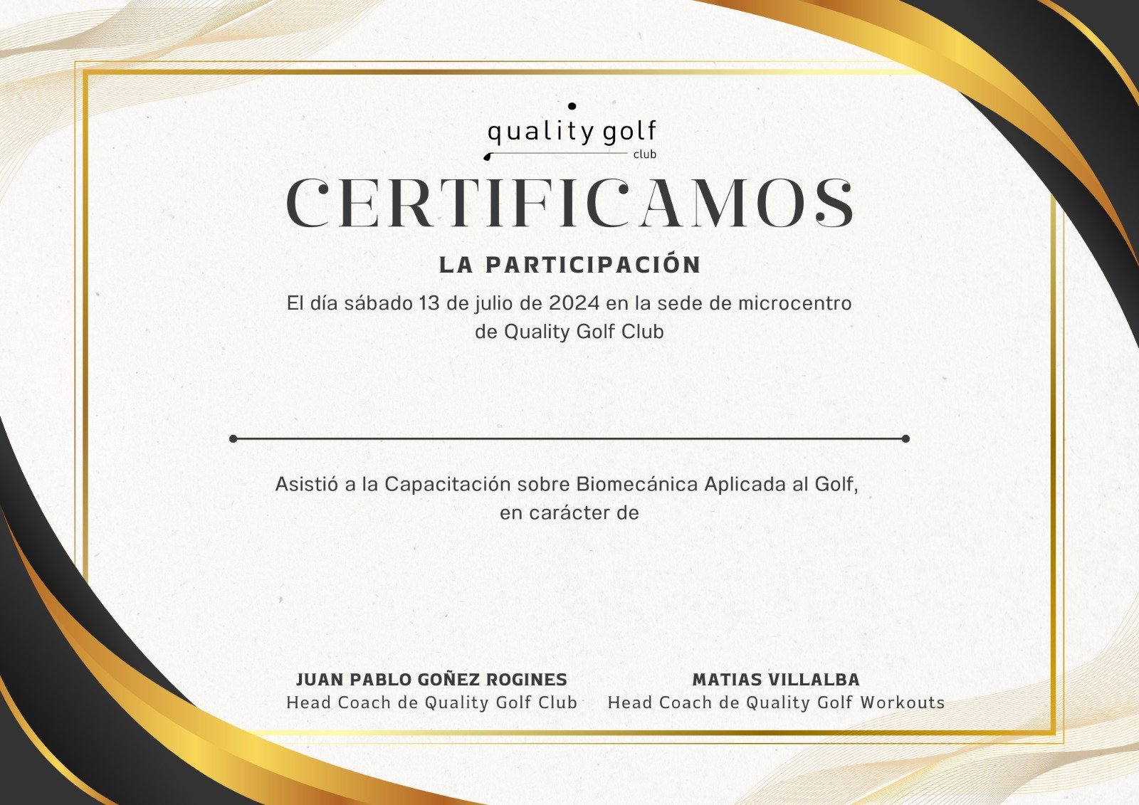 Certificación — Quality Golf Club